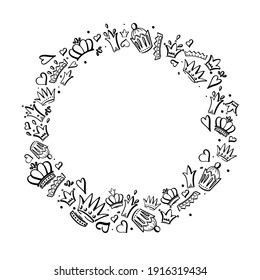 crowns and hearts hand drawn cliparts on white background in circke shape. Place for own text in the centre. Thematic group isolated sketch for banner, sale.