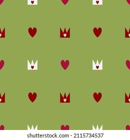 Crowns and hearts on a green background. Romantic vector seamless pattern. Wrapping paper, napkins, textiles.