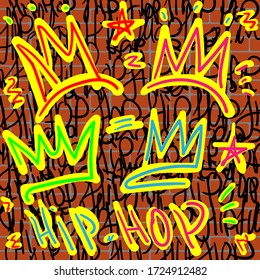 Crowns and hip hop lettering with graffiti style on a brick wall background. Music print. Youth vector illustration.