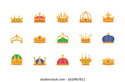 Crowns icon set design, Royal king queen luxury jewelry kingdom insignia emperor authority and coronation theme Vector illustration