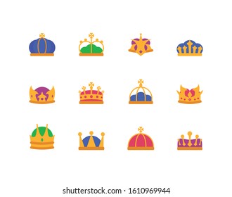 Crowns icon set design, Royal king queen luxury jewelry kingdom insignia emperor authority and coronation theme Vector illustration