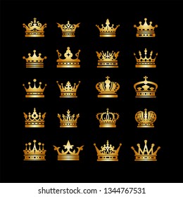 Crowns icon set, golden elements isolated on black background. Vector image