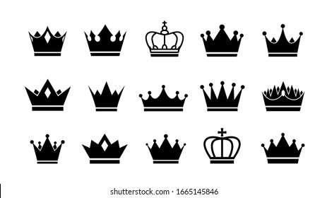 Crowns icon set. Vector crown logo collection. Flat silhouettes isolated on white background.