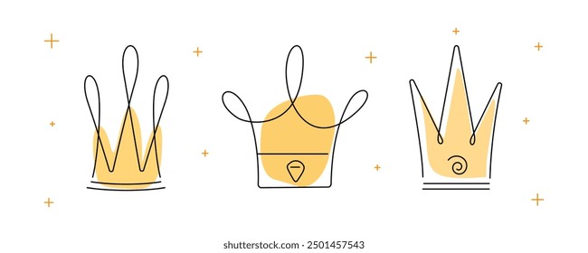 Conjunto de ilustraciones de coronas. Ilustración vectorial. Dibujo estilo boceto. Estilo de dibujos animados.