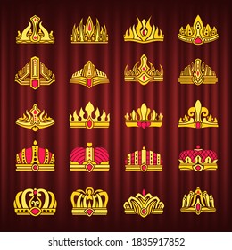Crowns of king or queen, price or princess vector, isolated set of royal signs. Symbol of monarchy and royal powers, golden hats with gemstones decor