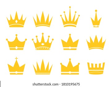 Crowns for king, queen, princess and prince. Gold icons for royal decoration. Silhouette of golden crown is symbol wealth and imperial majestic. Set of logos for premium or doodle style. Vector.