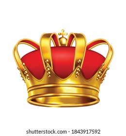 Crowns laurel wreath realistic composition of medieval monarch crown with red pillow and golden cross vector illustration
