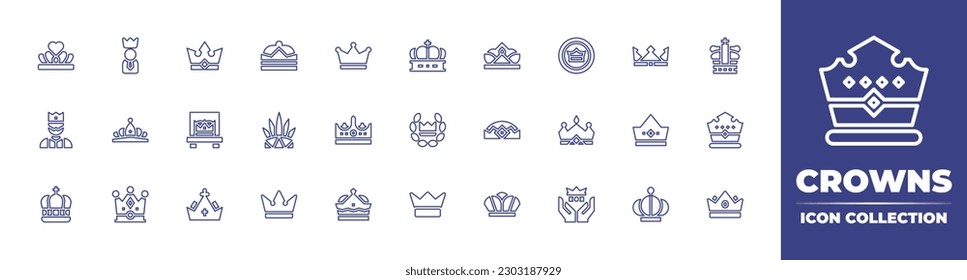 Crowns line icon collection. Editable stroke. Vector illustration. Containing tiara, king, crown, badge, feathers.