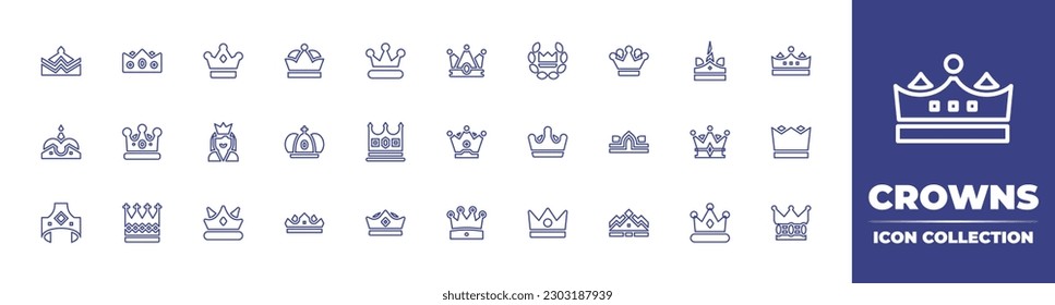 Recorre la colección de iconos de línea. Trazo editable. Ilustración vectorial. Con corona, reina, corona de la realeza, real.