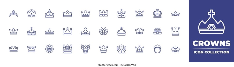 Kronen-Symbol-Sammlung. Bearbeitbarer Strich. Vektorgrafik. Mit Tiara, Krone, Stern, Kreuz, Stempel, Ruhm, Gewinnen.