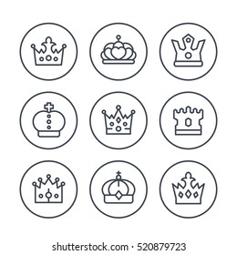 crowns line icons in circles on white, vector illustration
