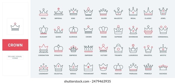 Iconos de línea de coronas establecidos. La aristocracia clásica, la heráldica medieval y el signo del monarca del reino, los símbolos finos del contorno negro y rojo del rey y de la reina, el trofeo ganador y la Ilustración vectorial de la decoración de la Regalías