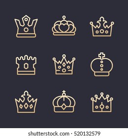 crowns line icons set, royalty, king, monarch, sovereign, queen symbols, gold on dark