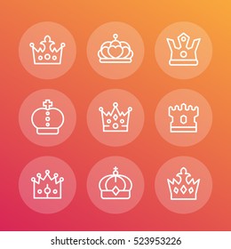 crowns line icons set, royalty, king, monarch, sovereign, tzar, queen, princess coronet