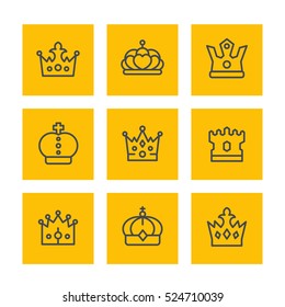 crowns line icons set, royalty, king, monarch, sovereign, tzar, queen symbols