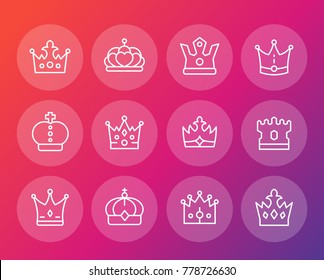 crowns line icons set, royalty, king, monarch, sovereign, queen, princess coronet