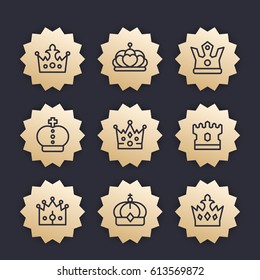 crowns line icons, vector badges set, royalty, king, monarch, sovereign, princess coronet