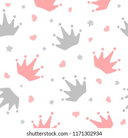crowns for little princess pattern background, kid's clothing, birthday invitation. Vector illustration.