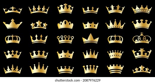 A lot of crowns. Logo art. Modern design. Golden sign. Black background. Hand drawn. Vector illustration. Stock image. 