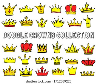 Crowns logo doodle collection. Hand drawn princess crown icons set isolated on white. Vector illustration