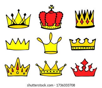 Crowns logo doodle collection. Hand drawn princess or queen crown icons set isolated on white. Vector illustration