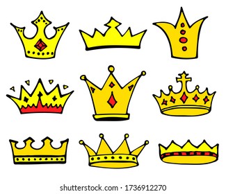 Crowns logo doodle collection. Hand drawn princess or queen crown icons set isolated on white. Vector illustration