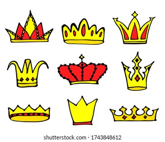 Crowns logo doodle collection. Hand drawn princess or queen crown icons set isolated on white. Vector illustration