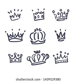 Crowns logo   icon collection  Crown Sketch  Queen King crowns simple elegant hand drawn  Royal imperial coronation symbols  monarch majestic jewel tiara isolated icons vector illustration set