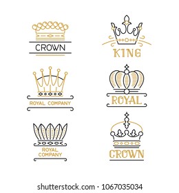Crowns logo set. Luxury emblems in trendy outline style. Stock vector illustration for hotel, restaurant, boutique, invitation, jewellery, etc.