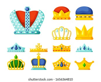 crowns. luxury monarch symbols of power golden diadem and crowns for kings and princes royal heraldry decoration. vector