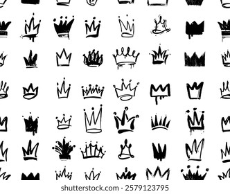 Crowns are painted with a brush seamless pattern. King black crown sketches. Queen royal diadems vector ornament. Ornament with grunge charcoal hand drawn heads tiaras. Doodle diadems seamless banner.