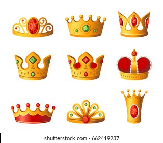 Crowns - realistic modern vector set of different royal headgear. White background. High quality clip art for presentations, banners and flyers. King and queen gold headwear with diamonds.