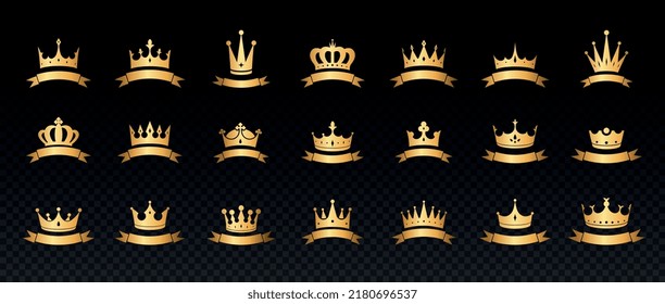 Crowns and ribbon set. Collection of icons on copy space, quality. Treasure and jewels, power symbol and medieval accessories. Cartoon flat vector illustrations isolated on transparent background