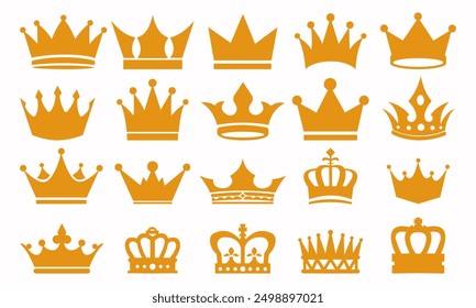 Crowns and ribbon set. Collection of icons on copy space, quality. Treasure and jewels, power symbol and medieval accessories. Cartoon flat vector illustrations isolated on transparent background