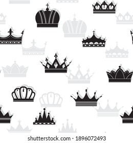 Crowns. Seamless pattern with assorted vintage crowns shadow silhouettes. Vector black icons on a white background.