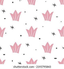  Recorre un patrón impecable. Diseño de bebés y princesas. Patrón de símbolo de la corona de regalías. Papel pintado y textura de ropa de habitación para niños. Ilustración vectorial. 
