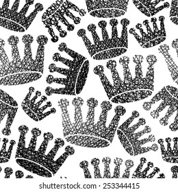 Crowns seamless pattern, repeating vector background with hand drawn lines textures.