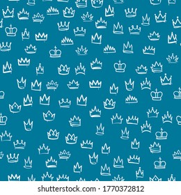 Crowns seamless pattern. White hand drawn texture with sketches of the royal crown, majestic tiara, beautiful diadem, royal imperial coronation symbols on blue background. Vector isolated elements