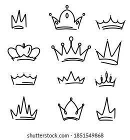 Crowns Set. Cute hand draw sketch. Cartoon style silhouette & outline. For production of the pattern, children's clothing, greeting card, poster, wallpaper.