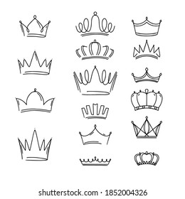 Crowns Set. Esbozo de dibujo a mano. Silueta y contorno de estilo de dibujos animados. Para la producción del patrón, ropa para niños, tarjeta de saludo, afiche, papel pintado.
