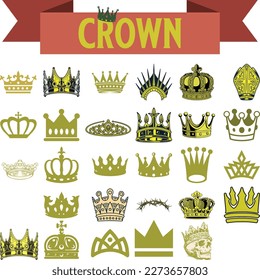 Crowns set. Golden royal jewelry symbol of king queen and princess. Sign of crowning prince authority. Crown jewels isolated on white background. Cartoon flat vector illustration