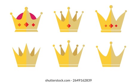 Crowns set isolated on white background. Gold sketch crowns. Various royal accessories for queen and king, prince and princess. Hand drawn diadems of different shape and size for elegant monarch.