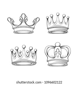 Crowns set. Royal symbols. Tiara jewelry. Design elements collection. Vector illustration.