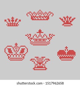 Crowns set. Vector concept of  pattern for pillow, pillow case, napkin. Cross-stitch, needlework.
