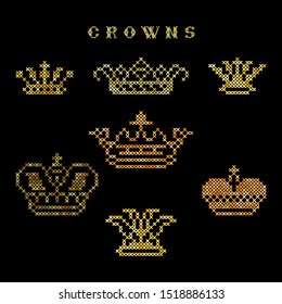 Crowns set. Vector concept of  pattern for pillow, pillow case, napkin. Cross-stitch, needlework.
