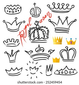 Crowns set in vector, doodle and flat  illustration, hand drawn design element isolated