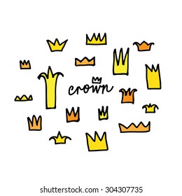 Crowns set in vector, doodle illustration, hand drawn design element isolated.