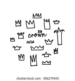 Crowns set in vector, doodle illustration, hand drawn design element isolated