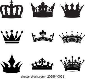 Crowns silhouette Heraldic symbols, royal crowns icon set, crown for coat of arms and blazons. Jewel royalty monarch black