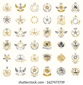 Crowns and stars vintage heraldic emblems vector big set, antique heraldry symbolic badges and awards collection with coronets, classic style design elements, family emblems.